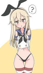  ? ame_(amechan17391739) animal_ears ass_visible_through_thighs blonde_hair brown_eyes buttons double-breasted elbow_gloves female gloves hair_between_eyes highres kantai_collection long_hair navel rabbit_ears school_uniform serafuku shimakaze_(kancolle) simple_background spoken_question_mark thigh_gap thighhighs thong white_background white_gloves yellow_background 