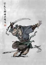  anthro asian_clothing black_myth:_wukong canid canine canis chinese_clothing chinese_text closed_eyes clothing east_asian_clothing facial_tuft fur grey_body grey_fur halberd hi_res huahuadesange male mammal melee_weapon polearm simple_background smile solo sword text tuft weapon wolf 