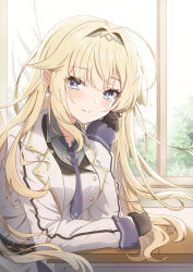  aizawa_ema between_breasts black_gloves blonde_hair blue_eyes breasts closed_mouth collared_shirt commentary_request curtains day desk earrings female gloves grey_shirt hair_between_eyes hair_intakes hand_up highres indoors jacket jewelry long_hair long_sleeves looking_at_viewer medium_breasts necktie necktie_between_breasts purple_necktie school_desk shirt sleeves_past_wrists smile solo synn032 very_long_hair virtual_youtuber vspo! white_jacket window 