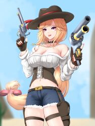  absurdres alternate_costume azur_lane bare_shoulders belt black_choker black_gloves black_hat blonde_hair blue_sky bow breasts brown_belt brown_corset choker cleavage collarbone commentary corset cowboy_hat cowboy_shot cowboy_western cowgirl_(western) cropped_shirt cross cross_choker cross_necklace cutoffs day denim denim_shorts dual_wielding female fingerless_gloves floating_hair gloves gun hairbow hands_up hat highres holding holding_gun holding_weapon holster jewelry large_breasts long_hair long_sleeves low-tied_long_hair low_neckline maltese_cross midriff musanix navel necklace off-shoulder_shirt off_shoulder outdoors pink_bow purple_eyes red_nails revolver richelieu_(azur_lane) shirt short_shorts shorts sidelocks signature sky solo standing swept_bangs thigh_holster thigh_strap tongue tongue_out trigger_discipline very_long_hair weapon white_shirt 