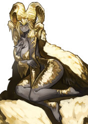  absurdres blonde_hair breasts cape cleavage colored_skin dragon_girl dragon_horns female gold_horns grey_skin highres horns kulve_taroth miao_jiangyou monster_girl monster_hunter_(series) personification 