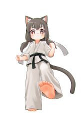  absurdres animal_ear_fluff animal_ears barefoot belt black_belt blush bright_pupils cat_ears cat_girl cat_tail clenched_hand closed_mouth commentary_request dougi feet female full_body headband highres kuma-bound light_frown low_twintails martial_arts_belt original pants red_eyes short_twintails simple_background soles solo standing standing_on_one_leg tail toes twintails white_background white_headband white_pants white_pupils 