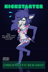  2:3 anthro bikini black_background bloodline_(webcomic) blue_body blue_ears blue_fur blue_tail bottomwear canid canine canis clothing confusion ember_(bloodline) female floral_bikini floral_pattern floral_swimwear fluffy_chest fluffy_ears frown fur green_eyes green_text hi_res kickstarter mammal multicolored_body simple_background skirt solo swimwear tail text two-piece_swimsuit two_tone_body w0lfmare white_body white_fur wolf 