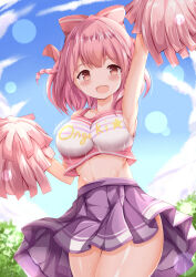  :d afterimage arm_up armpits bare_arms bare_shoulders blue_sky blush bouncing_breasts bow braid breasts brown_eyes cheerleader clothes_writing cloud collarbone commentary_request copyright_name day female hairbow highres hoshizaki_akari large_breasts looking_at_viewer navel ongeki outdoors pink_bow pink_hair pleated_skirt pom_pom_(cheerleading) purple_skirt skirt sky smile solo star_(symbol) twin_braids xenon_(for_achieve) 