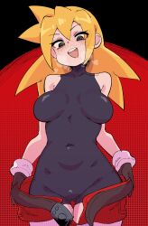  absurdres bare_shoulders black_bodysuit black_eyes blonde_hair bodysuit breasts breath brown_gloves buzzlyears clothes_pull covered_collarbone covered_navel cowboy_shot gloves highres long_hair medium_breasts mega_man_(series) mega_man_legends_(series) red_shorts ringed_eyes roll_caskett_(mega_man) shorts shorts_pull 