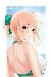  ahoge back bikini blonde_hair breasts cloud commentary_request fate/grand_order fate_(series) female from_behind green_ribbons hair_between_eyes hair_ribbon highres looking_at_viewer medium_breasts motokebo17 official_alternate_costume okita_j._souji_(fate) okita_j._souji_(third_ascension)_(fate) okita_souji_(fate) ponytail ribbon short_hair solo swimsuit twitter_username white_bikini 