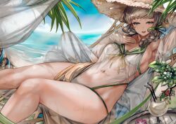  absurdres armpits beach bikini bikini_under_clothes blue_sky braid breasts cleavage cloud cocktail_glass covered_navel cup drinking_glass drinking_straw female flower green_bikini green_eyes green_ribbons grey_hair hair_ribbon half-closed_eyes hammock hat highres hinamizawa_kurumi horizon leotard light_rays lying mole mole_under_mouth navel ocean on_back palm_leaf palm_tree pink_flower ribbon seductive_smile see-through see-through_leotard see-through_shirt shirt side_braid side_ponytail sideboob sky smile soleil_(soleilmtfbwy03) straw_hat sweat swept_bangs swimsuit table thick_eyelashes thighs toned tree wet wet_clothes wooden_table 