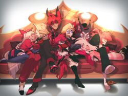  4boys 4girls absurdres alastor_(hazbin_hotel) angel_dust charlie_morningstar cherri_bomb closed_eyes couch demon_boy demon_tail hazbin_hotel highres hug husk_(hazbin_hotel) lap_pillow locked_arms lucifer_morningstar_(hazbin_hotel) monocle multiple_boys multiple_girls niffty_(hazbin_hotel) on_couch reeunknown sleeping sleeping_on_person smile tail vaggie 