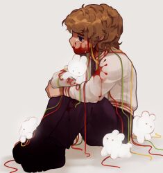  1other androgynous animal blood brown_hair cable commentary crying english_commentary from_side full_body generation_loss highres holding holding_animal horror_(theme) hulatie other_focus rabbit ranboo_(generation_loss) short_hair simple_background sitting solo spoilers white_background wire 