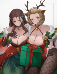  2girls absurdres blush breasts brown_eyes brown_gloves brown_hair brown_pantyhose choker cleavage closed_mouth commentary commission dorothea_arnault dorothea_arnault_(winter) elbow_gloves elvandec english_commentary fire_emblem fire_emblem:_three_houses fire_emblem_heroes fire_emblem_warriors:_three_hopes gift gloves green_choker green_eyes green_skirt hand_on_own_chest highres large_breasts long_hair looking_at_viewer manuela_casagranda manuela_casagranda_(winter) multiple_girls off_shoulder official_alternate_costume official_alternate_hairstyle pantyhose parted_lips short_hair single_bare_shoulder skirt smile thighs white_background 