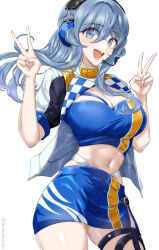  bandeau blue_bandeau blue_eyes blue_hair blue_skirt breasts chamumi_(mochiumee) checkered_clothes contrapposto cropped_jacket female gotland_(fuji_speedway_race_queen_mode)_(kancolle) gotland_(kancolle) hair_between_eyes headphones highleg highleg_panties jacket kantai_collection large_breasts long_hair microphone miniskirt mole mole_under_eye navel panties race_queen shrug_(clothing) simple_background skirt solo underwear white_background white_jacket white_panties 