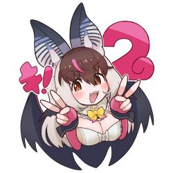  animal_ears bat_ears bat_girl bat_wings breasts brown_eyes brown_hair brown_long-eared_bat_(kemono_friends) cleavage da_(bobafett) elbow_gloves extra_ears female fingerless_gloves gloves grey_hair kemono_friends kemono_friends_v_project large_breasts leotard long_hair looking_at_viewer microphone simple_background solo upper_body virtual_youtuber wings 