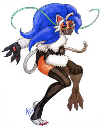  aaronhibiki animal_humanoid atlus blue_hair capcom claws clothing darkstalkers face_mask felicia_(darkstalkers) felid felid_humanoid feline female fur green_eyes hair hi_res humanoid legwear leotard looking_at_viewer mammal mammal_humanoid megami_tensei nekomata_(megami_tensei) nekomata_(smt) pawpads pupils sega slit_pupils solo tan_body thigh_highs white_body white_fur 