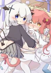  2girls ahoge animal_ears ass black_skirt blue_eyes blush bow cat_ears cat_tail closed_mouth hair_between_eyes hair_ornament hairbow highres horns hug kafuushinno long_hair long_sleeves looking_at_viewer multiple_girls one_eye_closed open_mouth original panties pink_hair pleated_skirt ribbon school_uniform serafuku shirt skirt sleeves_past_wrists smile stuffed_toy tail thighhighs twintails underwear very_long_hair white_hair white_shirt yellow_eyes yuri 
