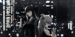  2girls absurdres animal_ear_fluff animal_ear_piercing animal_ears arknights bandaged_hand bandages bare_shoulders black_hair black_shirt black_vest blue_eyes buttons clenched_hand commentary dated_commentary english_commentary glass_wall grey_hair highres holding holding_weapon indoors lappland_(arknights) looking_at_viewer medium_hair multiple_girls night orange_eyes ponytail profile rain reflection ryan_(user_pmwp5857) shirt sleeves_rolled_up texas_(arknights) vest waistcoat weapon wolf_ears wolf_girl 