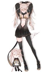  animal_ears arms_behind_head black_leggings black_shirt black_skirt blonde_hair bra breasts character_doll cleavage contrapposto doll female fox_ears highres kemonomimi_mode leggings long_hair multiple_views original outstretched_crossed_arms playing_with_own_hair ribbon shirt signature simple_background skirt stomach tail tail_ornament tail_ribbon underwear undressing very_long_hair white_background yoimon 