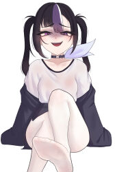  absurdres black_choker black_hair black_skirt cchiii choker cosplay female foot_up goddess_of_victory:_nikke highres long_hair multicolored_hair open_mouth pantyhose purple_eyes purple_hair purple_ribbon ribbon shirt skirt solo sora_(nikke) sora_(nikke)_(cosplay) syuen_(nikke) twintails white_pantyhose white_shirt white_streaks 