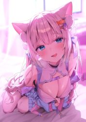  animal_ears blue_eyes blush bow breasts chest_strap cleavage female fish_hair_ornament grey_hair hair_ornament hairclip head_wings highres indie_virtual_youtuber long_hair nen_0405 pink_bow second-party_source shadow sleeves_past_wrists solo sweat tongue tsukimachi_nyamo virtual_youtuber white_wings wings 