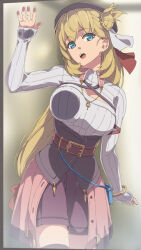  against_glass agnes_claudel bag beret blonde_hair blue_eyes blurry blurry_background bracelet breast_press breasts breasts_on_glass bun_with_braided_base chiharu_(9654784) cleavage_cutout clothing_cutout double-parted_bangs eiyuu_densetsu female hair_between_eyes hair_bun handbag hat highres jewelry kai_no_kiseki kuro_no_kiseki_(series) large_breasts long_hair long_sleeves looking_at_viewer pendant red_hat ribbed_sweater shorts single_side_bun solo sweater 