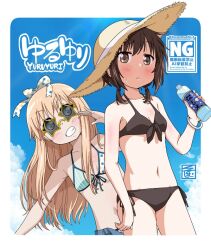  2girls bikini black_bikini black_hair blonde_hair blue_eyes blue_shorts bottle brown_eyes cutoffs day denim denim_shorts feet front-tie_bikini_top front-tie_top funami_yui grin hat ki_(adotadot) long_hair low_twintails multiple_girls navel official_alternate_costume open_fly polka_dot polka_dot_bikini sandals shorts side-tie_bikini_bottom simple_background smile standing star-shaped_eyewear star_(symbol) stomach sun_hat swimsuit toshinou_kyouko twintails white_background white_bikini yuruyuri 
