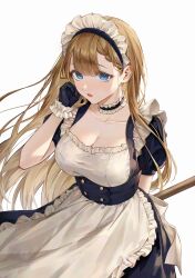  absurdres apron arm_behind_back black_gloves blue_eyes braid braided_bangs brown_hair center-flap_bangs choker female frilled_apron frilled_choker frilled_gloves frills gloves hair_between_eyes highres long_hair looking_at_viewer low_neckline maid_headdress mang_chan_d open_mouth original short_sleeves simple_background solo very_long_hair white_apron white_background 
