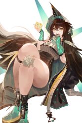  :d absurdres arknights brown_hair crossed_bangs female fingernails floating full_body gauze gauze_on_knee green_nails grin hair_between_eyes highres infection_monitor_(arknights) kafka_(arknights) long_hair looking_at_viewer nail_polish smile solo thick_thighs thighs very_long_hair white_background yellow_eyes yuki_flourish 
