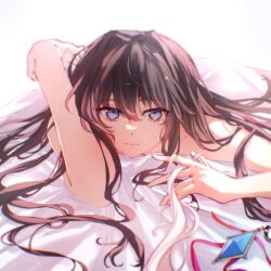  2girls arcaea bad_anatomy bad_hands bed_sheet black_hair blue_eyes chinese_commentary closed_mouth commentary_request hair_between_eyes hair_intakes hair_spread_out highres long_hair looking_at_viewer lying multiple_girls muonrei00 nude on_stomach out_of_frame playing_with_another&#039;s_hair smile solo_focus tairitsu_(arcaea) white_background 
