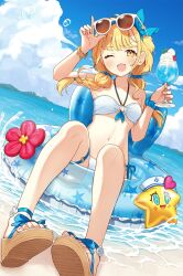  absurdres afloat beach bikini blonde_hair blue_innertube braid breasts cleavage cup day drinking_glass female french_braided_twintails fujita_kotone gakuen_idolmaster halterneck highres holding holding_cup idolmaster innertube long_hair looking_at_viewer low_twin_braids monobe_tsukuri navel o-ring o-ring_bikini o-ring_top ocean oerba_yun_fang on_innertube one_eye_closed open_mouth side-tie_bikini_bottom small_breasts solo starfish stomach swim_ring swimsuit twin_braids water white_bikini yellow_eyes 