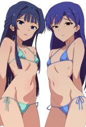  2girls arms_behind_back bikini black_hair blue_bikini blue_eyes blue_hair brown_eyes cameltoe closed_mouth cowboy_shot empty_eyes flat_chest green_bikini highres idolmaster idolmaster_(classic) idolmaster_million_live! kisaragi_chihaya long_hair looking_at_viewer magusancients mogami_shizuka multiple_girls navel parted_lips side-tie_bikini_bottom simple_background standing string_bikini swimsuit white_background 