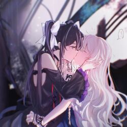  2girls arcaea bare_shoulders black_choker black_dress black_hair blue_eyes blurry blurry_background bow chinese_commentary choker closed_eyes commentary_request couple cross-laced_clothes cross-laced_dress dress frilled_sleeves frills hair_intakes hairbow hand_on_another&#039;s_cheek hand_on_another&#039;s_face highres hikari_(arcaea) hikari_(reunion)_(arcaea) kissing long_hair long_sleeves multiple_girls muonrei00 off-shoulder_dress off_shoulder profile rain speech_bubble tairitsu_(arcaea) tairitsu_(reunion)_(arcaea) twintails upper_body wavy_hair white_bow white_hair wrist_cuffs yuri 