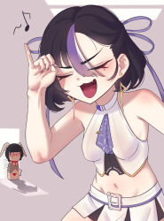  2girls absurdres ascot black_hair breasts cchiii closed_eyes crop_top earrings goddess_of_victory:_nikke hair_ribbon highres jewelry medium_hair miniskirt mole mole_under_eye multiple_girls musical_note oerba_yun_fang open_mouth purple_ascot purple_nails purple_ribbon purple_streaks rian_(nikke) ribbon shirt skirt sleeveless sleeveless_shirt small_breasts syuen_(nikke) white_shirt white_skirt 