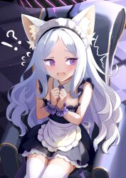  @_@ absurdres alternate_costume animal_ear_fluff animal_ears apron bare_arms black_dress blue_archive blush cat_ears cat_girl demon_girl demon_horns demon_wings detached_collar double-parted_bangs dress female halo highres hina_(blue_archive) horns long_hair looking_to_the_side maid maid_apron maid_headdress open_mouth purple_eyes purple_halo sitting sleeveless sleeveless_dress solo teritama_(teritama_house) thighhighs white_apron white_hair white_thighhighs wings wrist_cuffs 