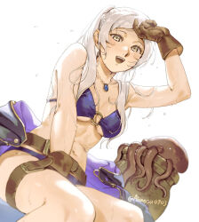 :d abinosu0903 arm_up belt bikini braid breasts brown_belt brown_gloves cleavage collarbone commentary_request female female_robin_(fire_emblem) female_robin_(seaside_tactician)_(fire_emblem) fire_emblem fire_emblem_awakening fire_emblem_heroes flower flower_necklace gloves highres knees long_hair medium_breasts navel o-ring o-ring_bikini o-ring_top octopus official_alternate_costume open_mouth purple_bikini simple_background sitting skindentation smile solo swimsuit teeth thighs tongue twintails underboob upper_teeth_only wet white_background white_hair 