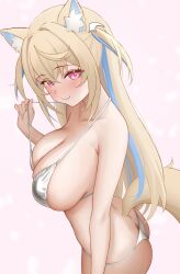  absurdres alternate_costume animal_ear_fluff anyormal bikini blonde_hair blue_streaks blush breasts butt_crack commentary female fuwawa_abyssgard highres hololive hololive_english large_breasts long_hair looking_at_viewer micro_bikini pink_eyes solo swimsuit two_side_up virtual_youtuber white_bikini 