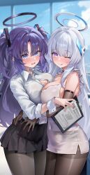  2girls :q absurdres bare_shoulders black_bra black_gloves black_halo black_pantyhose black_skirt blue_archive blue_eyes blue_sky blush bra breast_press breasts button_gap buttons cleavage clipboard cloud collared_shirt commentary covered_navel day dress elbow_gloves glint gloves hair_between_eyes hair_ornament halo hand_on_another&#039;s_back hand_on_another&#039;s_waist hand_up headgear highres holding holding_clipboard indoors large_breasts licking_lips long_hair long_sleeves looking_at_viewer mechanical_halo millennium_science_school_logo multiple_girls noa_(blue_archive) open_mouth pantyhose pleated_skirt purple_eyes purple_hair see-through_clothes see-through_shirt shirt shirt_tucked_in sidelocks skirt sky standing symmetrical_docking thighband_pantyhose tongue tongue_out triangle_hair_ornament two_side_up underwear very_long_hair white_dress white_hair white_halo white_shirt white_wrist_cuffs window wrist_cuffs yangyu_tudou_vv yuuka_(blue_archive) 