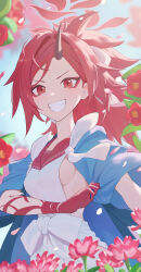  absurdres blue_archive blue_haori blush breasts female flower fluffy_hair forehead grin hair_intakes haori highres horns japanese_clothes long_hair looking_at_viewer odd_(hin_yari) red_eyes red_flower red_hair red_sailor_collar renge_(blue_archive) sailor_collar shirt sideboob single_horn smile solo white_shirt 
