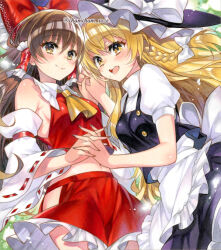  2girls adapted_costume apron ascot black_hat black_skirt black_vest blonde_hair blush bow braid breasts brown_eyes brown_hair chacham closed_mouth commentary_request detached_sleeves frilled_bow frilled_hair_tubes frilled_skirt frills hair_tubes hairbow hakurei_reimu hat hat_bow hip_vent holding_hands interlocked_fingers kirisame_marisa long_hair looking_at_viewer marker_(medium) multiple_girls navel open_mouth red_bow red_skirt ribbon-trimmed_sleeves ribbon_trim side_braid sideboob single_braid skirt skirt_set smile touhou traditional_media twitter_username vest waist_apron white_apron white_bow witch_hat yellow_ascot yellow_eyes 