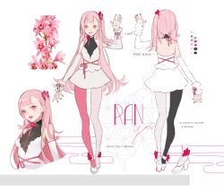  :d black_leggings breasts detached_sleeves dress english_text female flower frilled_cuffs grin hair_ribbon halterneck high_heels highres leggings lily_(flower) long_hair looking_at_viewer multicolored_nails multiple_views original pink_eyes pink_flower pink_hair pink_leggings reference_sheet ribbon side_ponytail sleeveless sleeveless_dress smile two-tone_leggings very_long_hair waving white_background yoimon 