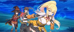  1boy 2girls armor belt black_belt black_cape black_gloves black_hat black_pants blonde_hair blue_eyes blush boots breastplate brown_boots brown_hair calling cape casting_spell cloud darkness_(konosuba) dress emphasis_lines field fingerless_gloves game_cg gloves glowing green_cape green_eyes hand_on_own_hip hand_up hat high_ponytail highres holding holding_staff knees_together_feet_apart kono_subarashii_sekai_ni_shukufuku_wo! konosuba!_fantastic_days lens_flare long_hair megumin multiple_girls night night_sky official_art open_mouth orb pants ponytail red_dress red_eyes satou_kazuma shirt short_hair_with_long_locks sidelocks sky small_sweatdrop smile staff star_(sky) starry_sky third-party_source torn_clothes very_long_hair white_shirt wide_brim witch_hat 