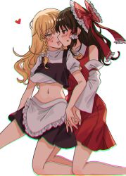  2girls amatukimahoro apron black_skirt black_vest blonde_hair blush bow braid brown_hair chromatic_aberration clothes_lift detached_sleeves dress hairbow hakurei_reimu heart highres holding_hands interlocked_fingers kirisame_marisa midriff multiple_girls navel open_mouth red_bow red_dress red_eyes shirt shirt_lift side_braid simple_background skirt sweatdrop touhou vest white_apron white_background white_shirt yellow_eyes yuri 