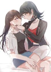  2girls bang_dream! bang_dream!_it&#039;s_mygo!!!!! black_choker black_hair black_jacket black_shirt blue_eyes blue_skirt blush brown_hair chain_necklace chains choker closed_mouth commentary ear_piercing grey_skirt hand_on_another&#039;s_face hand_on_another&#039;s_thigh highres jacket jewelry mochizuki_(8_wa0407) multiple_girls necklace parted_lips piercing purple_eyes red_shirt shiina_taki shirt simple_background sitting sitting_on_lap sitting_on_person skirt sweatdrop white_background white_shirt yahata_umiri yuri 