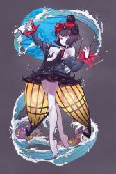  absurdres baniran_dorosu bare_shoulders bird black_dress black_hair breasts commentary dress fate/grand_order fate_(series) female flower full_body hair_flower hair_ornament highres katsushika_hokusai_(fate) katsushika_hokusai_(third_ascension)_(fate) medium_breasts short_hair simple_background solo water white_bird 