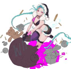  ammunition arm_tattoo bag black_gloves blue_hair bomb box braid breasts cleavage crop_top explosive female full_body fur_collar gift gift_box gloves hat heart-shaped_box holding holding_bag jinx_(league_of_legends) league_of_legends long_braid long_hair looking_at_viewer paint_splatter partially_colored pink_eyes purple_thighhighs santa_hat short_shorts shorts single_braid smirk solo standing standing_on_one_leg stomach stuffed_animal stuffed_toy tattoo teddy_bear thighhighs torn_bag twisted_torso very_long_hair white_background yoimon zettai_ryouiki 