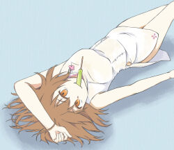  ao_dai arm_over_head bare_arms bare_shoulders breasts brown_hair commentary dot_nose dress feet_out_of_frame female floral_print food food_in_mouth fruit_popsicle hair_between_eyes looking_at_viewer lying medium_breasts medium_hair messy_hair misaka_worst mouth_hold no_pants on_back orange_eyes popsicle popsicle_in_mouth shadow short_dress sleeveless sleeveless_dress smile solo toaru_majutsu_no_index toaru_majutsu_no_index:_new_testament white_dress yakutashi 