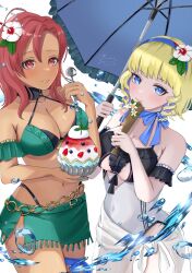 2girls bare_shoulders berry bikini black_choker blonde_hair blush breasts choker closed_mouth constance_von_nuvelle constance_von_nuvelle_(summer) dark-skinned_female dark_skin drill_hair drill_sidelocks fire_emblem fire_emblem:_three_houses fire_emblem_heroes flower folding_fan food green_bikini hair_flower hair_ornament hairband hand_fan hapi_(fire_emblem) hapi_(summer)_(fire_emblem) highres holding holding_fan holding_spoon holding_umbrella ice_cream jewelry large_breasts medium_breasts medium_hair melting_ice_cream mugitoro_(dsfv2277) multicolored_hair multiple_girls navel official_alternate_costume one-piece_swimsuit parasol purple_hair red_eyes red_hair sarong shaved_ice short_hair sidelocks simple_background smile spoon stomach swimsuit umbrella water white_background white_one-piece_swimsuit white_sarong 