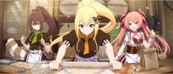  3girls apron ascot bag baking blonde_hair blue_eyes bow braid breasts brick_wall brown_bow brown_hair brown_skirt buttons cabinet cleavage collarbone cookie_cutter crown_braid cutting_board darkness_(konosuba) double-breasted double-parted_bangs eggshell erika_(konosuba) food frilled_apron frills fruit frying_pan game_cg green_ascot green_eyes hairbow heart high_ponytail highres holding holding_cherry holding_cookie_cutter holding_food holding_fruit holding_rolling_pin kono_subarashii_sekai_ni_shukufuku_wo! konosuba!_fantastic_days lean_(konosuba) lens_flare long_hair medium_breasts multiple_girls official_art orange_ascot paper_bag pink_hair pink_skirt plate ponytail raccoon_tail red_eyes rolling_pin short_sleeves sidelocks skirt sparkle striped_bow striped_clothes striped_skirt table tail third-party_source towel twintails vertical-striped_clothes vertical-striped_skirt very_long_hair white_wrist_cuffs wooden_table wrist_cuffs 