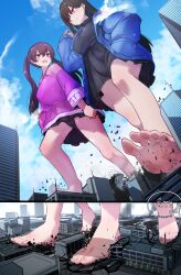  2girls :d absurdres barefoot black_dress black_hair black_skirt blue_cardigan building cardigan clothes_writing cloud commission destruction dress giant giantess hand_in_pocket highres hood hooded_cardigan light_smile looking_at_another multiple_girls natsukaze_shigure open_mouth original panties pantyshot pink_shirt pleated_skirt purple_eyes shirt short_dress skeb_commission skirt sky skyscraper smile standing teeth twintails underwear upper_teeth_only walking 