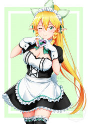  alternate_costume apron black_shrug black_skirt black_thighhighs blonde_hair bow braid breasts cleavage cowboy_shot enmaided female floating_hair frilled_apron frilled_skirt frilled_wrist_cuffs frills gloves green_bow green_ribbons hair_ribbon heart heart_hands high_ponytail highres ken-ji leafa_(sao) long_hair maid maid_headdress medium_breasts miniskirt ponytail ribbon short_sleeves shrug_(clothing) side_braids sidelocks skirt solo standing sword_art_online thighhighs very_long_hair waist_apron white_apron white_gloves white_wrist_cuffs wrist_cuffs zettai_ryouiki 