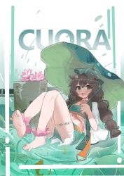  :d arknights bandeau barefoot blush brown_hair character_name chinese_commentary choker commentary crop_top cuora_(amongst_lotuses)_(arknights) cuora_(arknights) female flower frilled_bandeau frills full_body green_bandeau green_eyes green_shorts hair_flower hair_ornament hair_tie highres holding hoshikawayoyami long_hair looking_at_viewer official_alternate_costume open_mouth pink_flower short_shorts shorts smile soles solo white_choker 