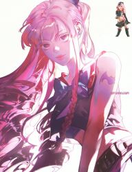  bare_shoulders black_eyes drill_hair female highres korean_commentary long_hair midriff one_piece panngam9 perona pink_hair shoulder_tattoo solo tattoo white_background 